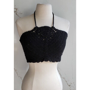 Crochet Halter Top BOG Womens M Black Knit Fairy Y2K Boho Summer Crop Coquette